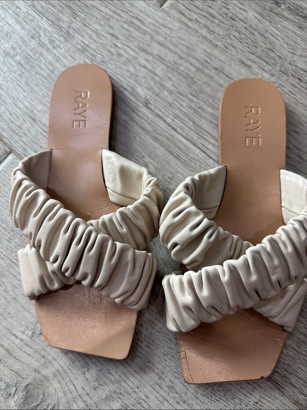 RAYE Neutral Ruched Cross-Strap Slide Sandals